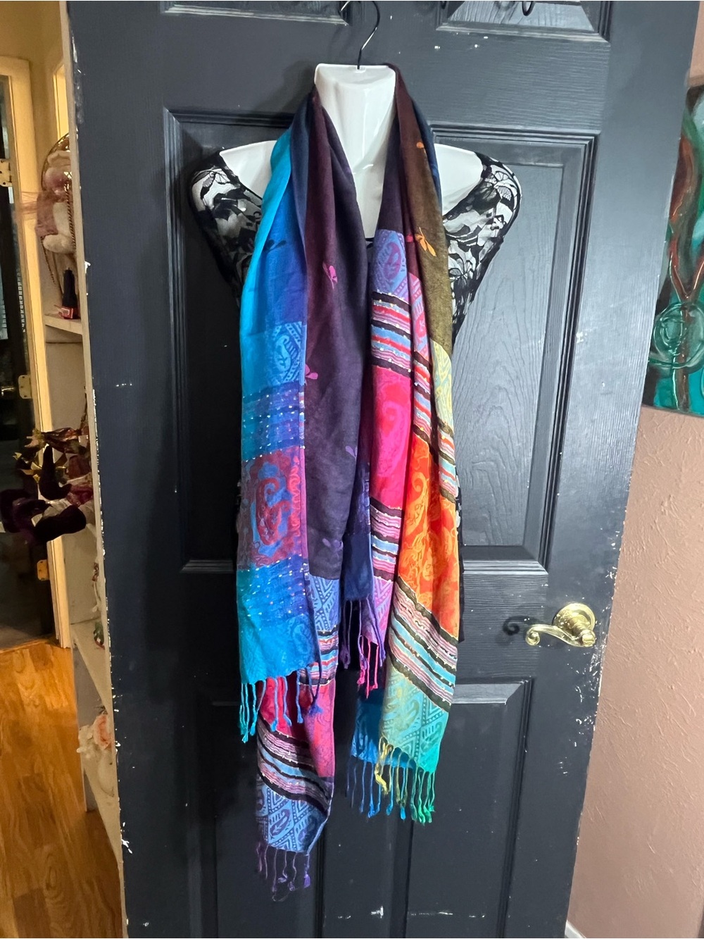 Multicolor Patchwork Boho Scarf - Vibrant Blue, Pink & Purple